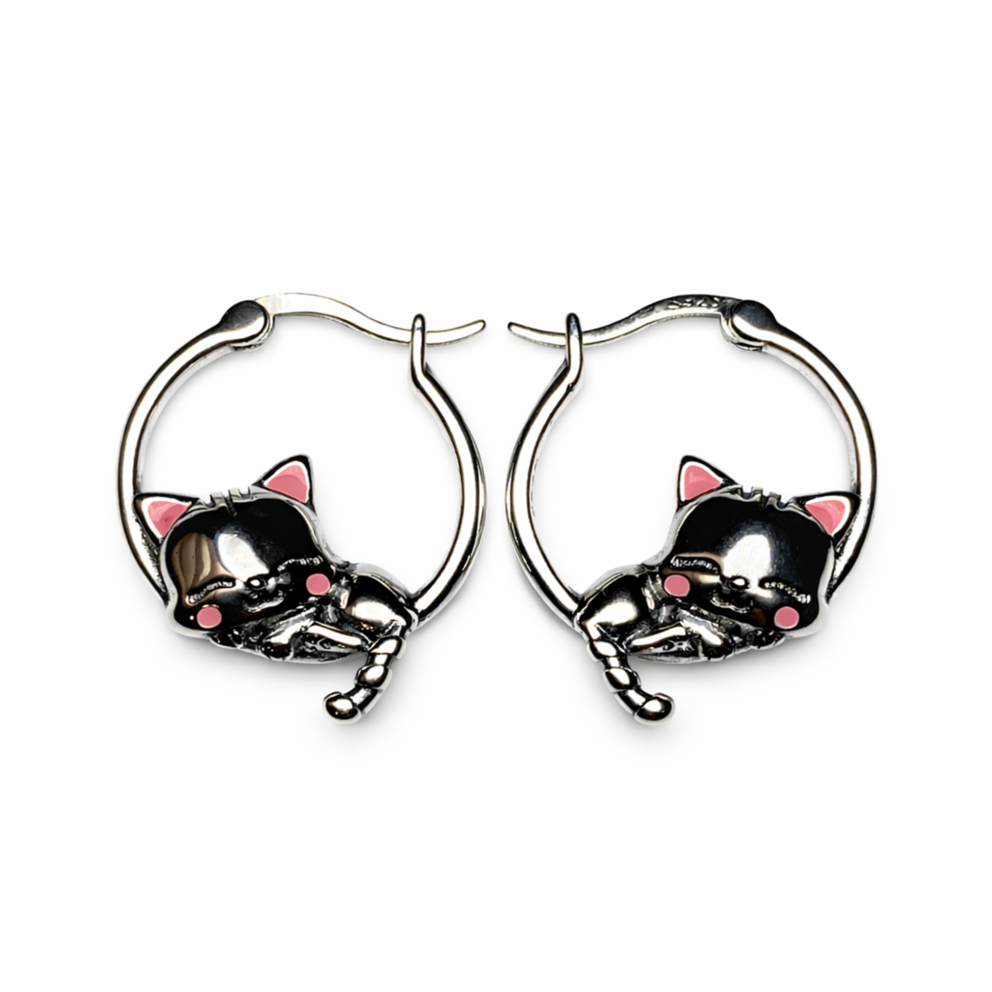 Silver Sleeping Cat Earrings - Sterling Silver 925 Sleeping Cat Hoop Earrings