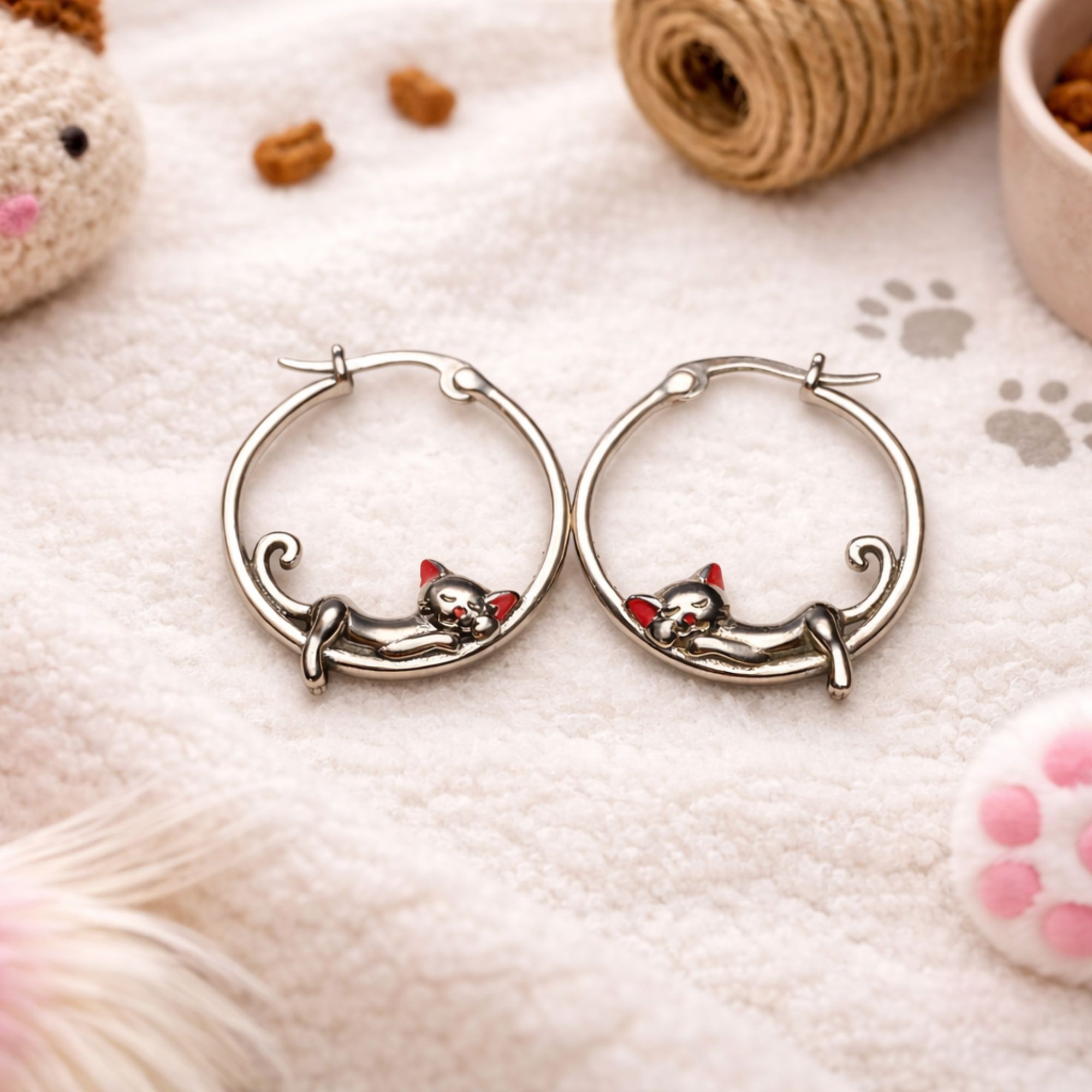 Sterling Silver Cat Hoop Earrings