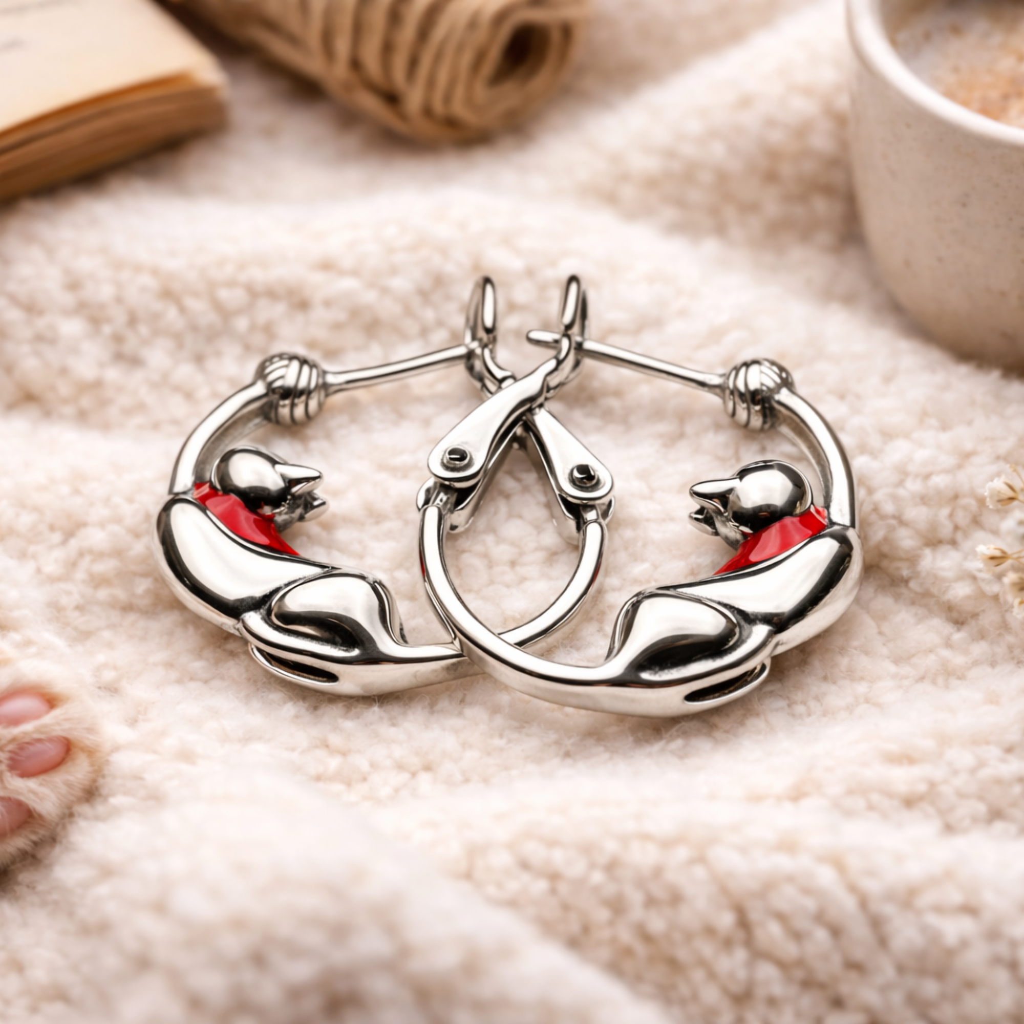 Sterling Silver Cat Hoop Earrings – Red Collar